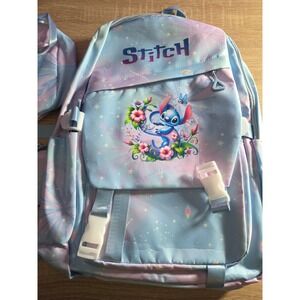 Disney Stitch 3pc Backpack Set Lunch Bag Pencil Case Pastel Blue Purple Floral
